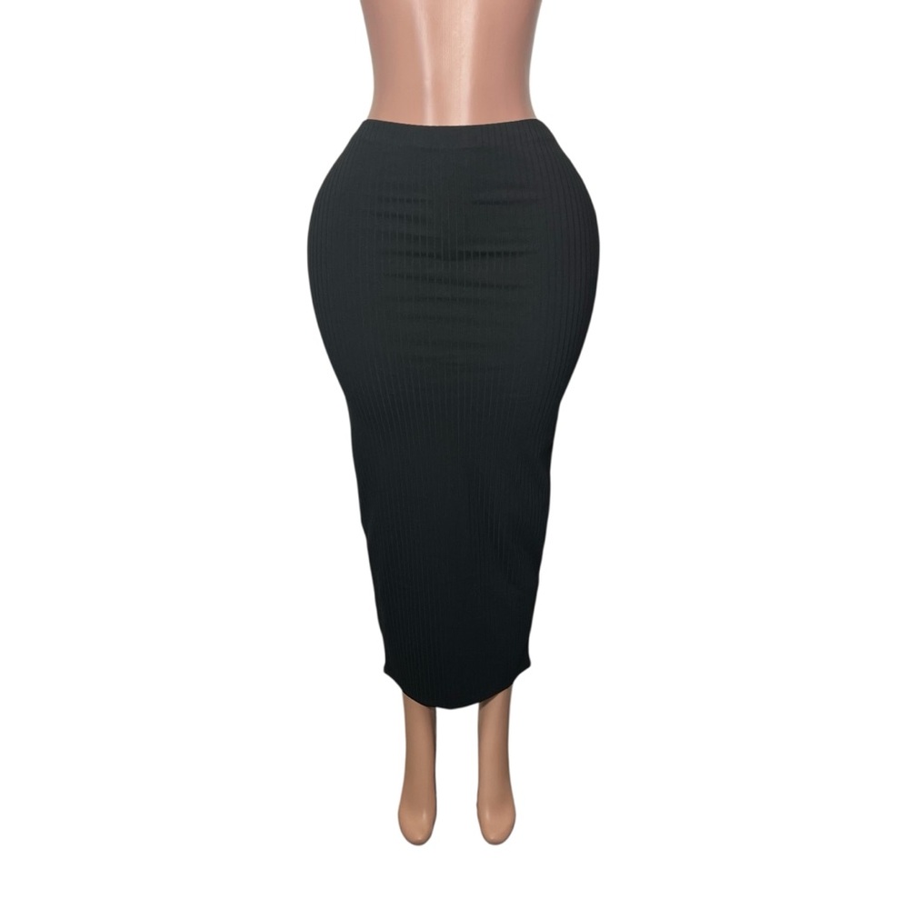 Black Ribbed Midi Pencil Skirt - Women's
